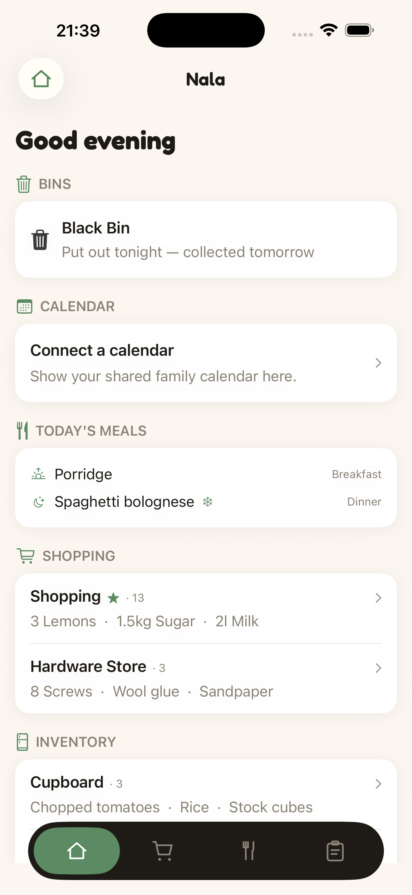 Nala home screen showing today's meals and bin collection