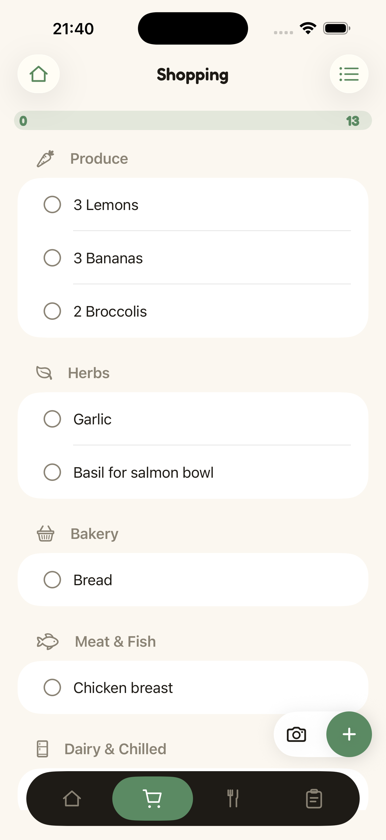 Nala shopping list sorted automatically by aisle