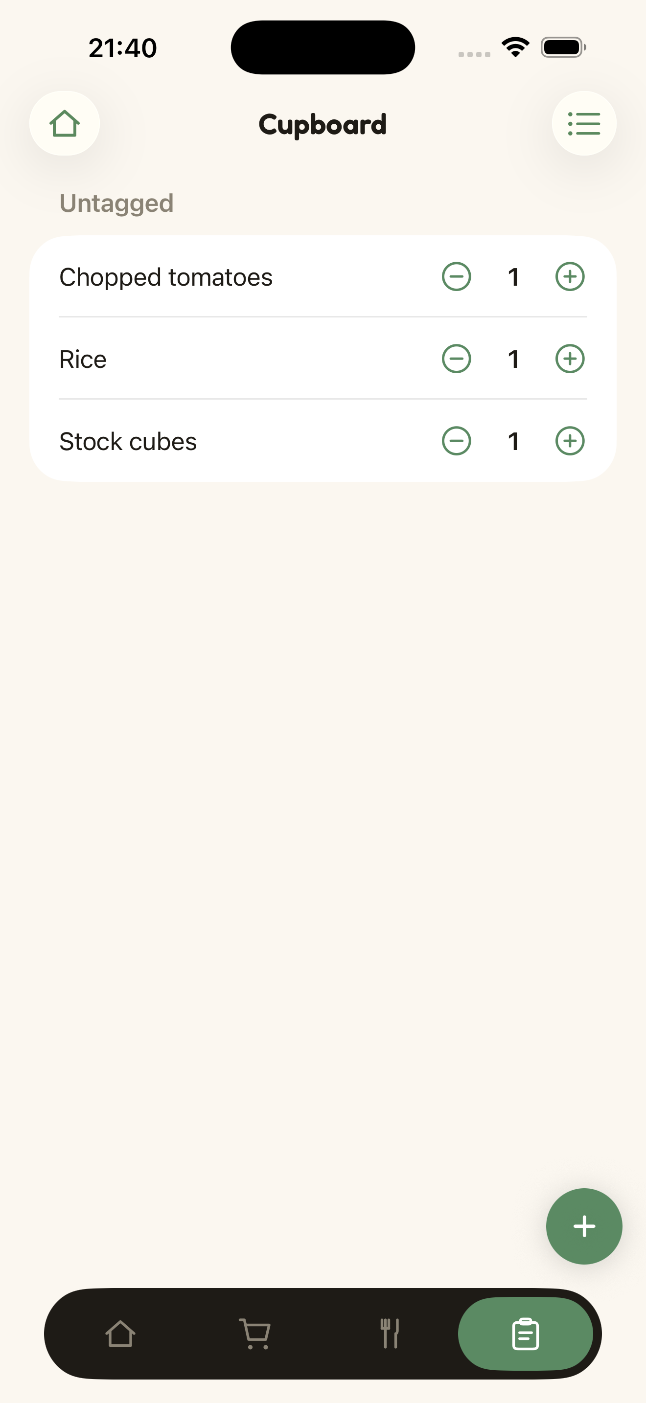 Nala pantry, fridge and freezer inventory